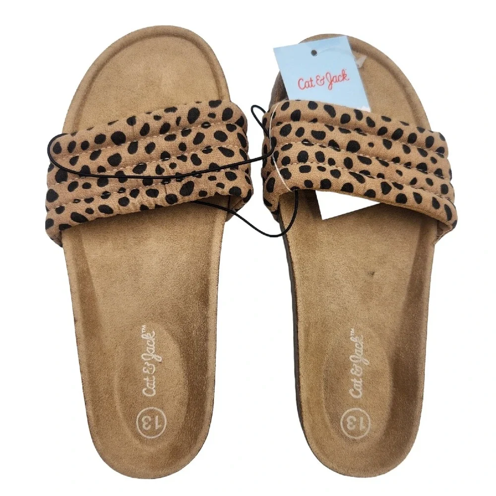 Cat & Jack Sandals Youth Girls Size 13 Selma Tan Animal Print Slide On Brown